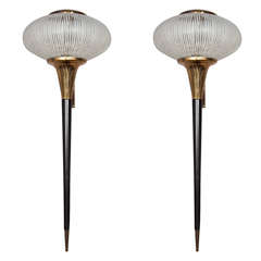 Pair of Hand Etched Stripe Design Wall Lights by Stilnovo