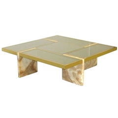 Travertine Base, Brass and Mirrored Glass Cocktail Table
