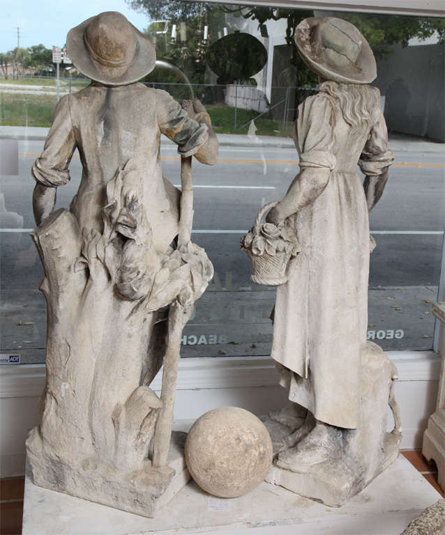 Pair of carved Vincenze Limestone Shepherd and Shepherdess Statues Italian.<br />
Shepherdess Dimensions:  H 63