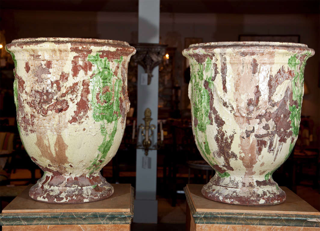 An exceptional pair of large French Anduze garden urns.