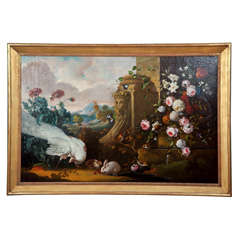 Oil Landscape With Floral Still Life And Animals.