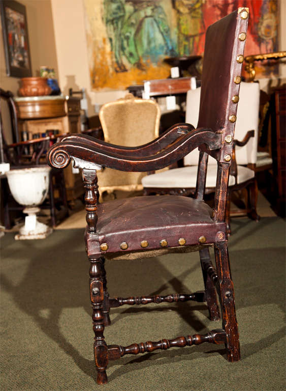 Leather 17th Century Walnut Armchair For Sale