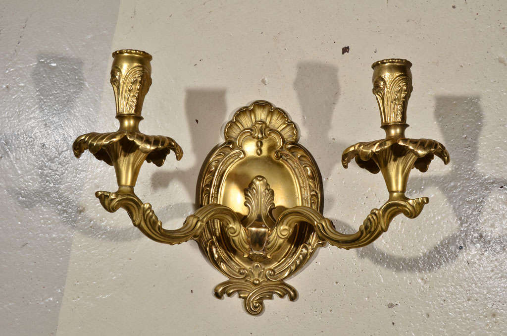 Contemporary Pair of Brass Two-Light Sconces For Sale