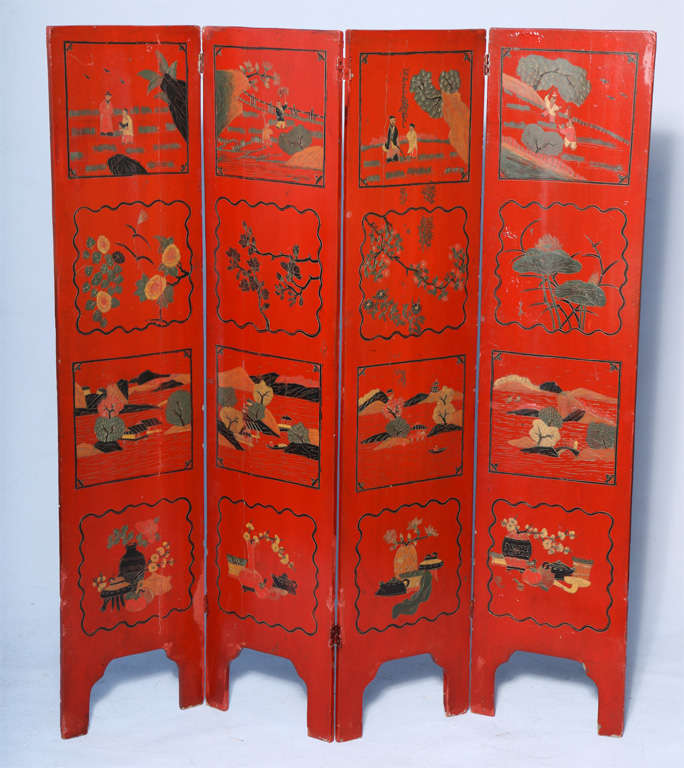 Handpainted wooden red lacquered folding screen. Each panel is 14 1/4