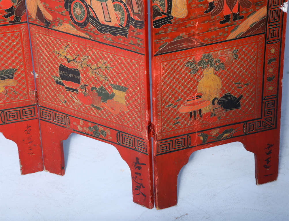 Antique Four Panel Wooden Lacquered Chinese Screen 4