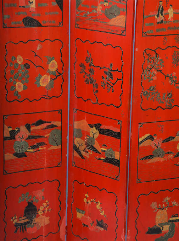 Antique Four Panel Wooden Lacquered Chinese Screen 6