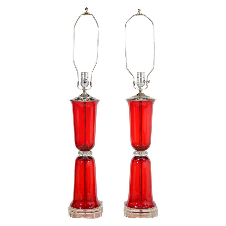 Pair of 1930s Ruby-Red Blown Glass Lamps