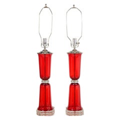 Pair of 1930s Ruby-Red Blown Glass Lamps