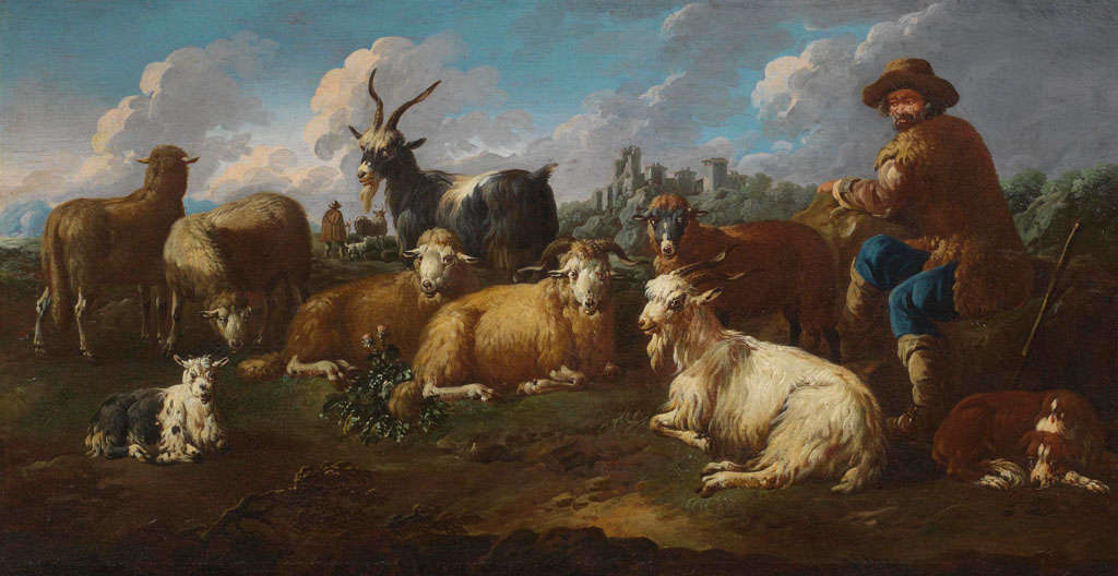 The white deer hunting 
The buffalo hunt
Pastoral scene with sheep and horse
Pastoral scene with sheep to rest

Written expertise by Professor Francesco Solinas

A set of four paintings oil on canvas into original gilt wood frames (cm. 97 x
