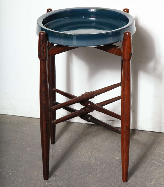 Blue Ceramic Candy Dish with Rosewood Stand