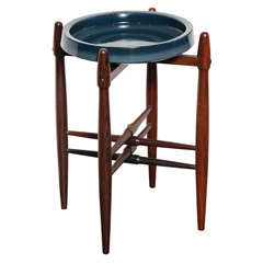 Blue Ceramic Candy Dish with Rosewood Stand