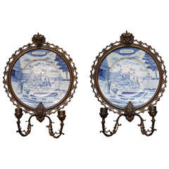A Pair of Blue and White Delft "November" Plates mounted as Wall Sconces