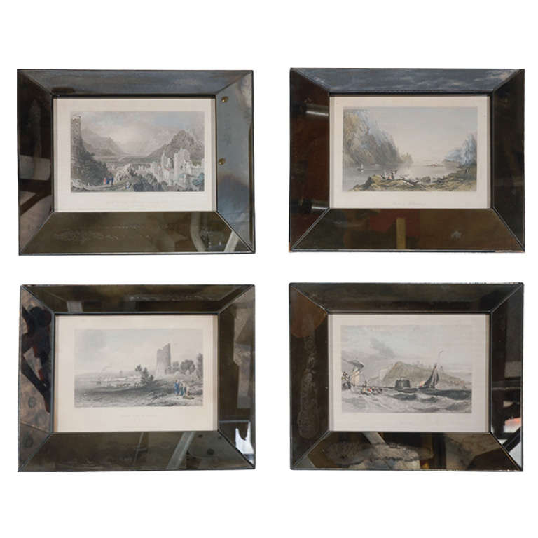 Set of Four Hand-Colored Engravings in Antique Mirror Frames