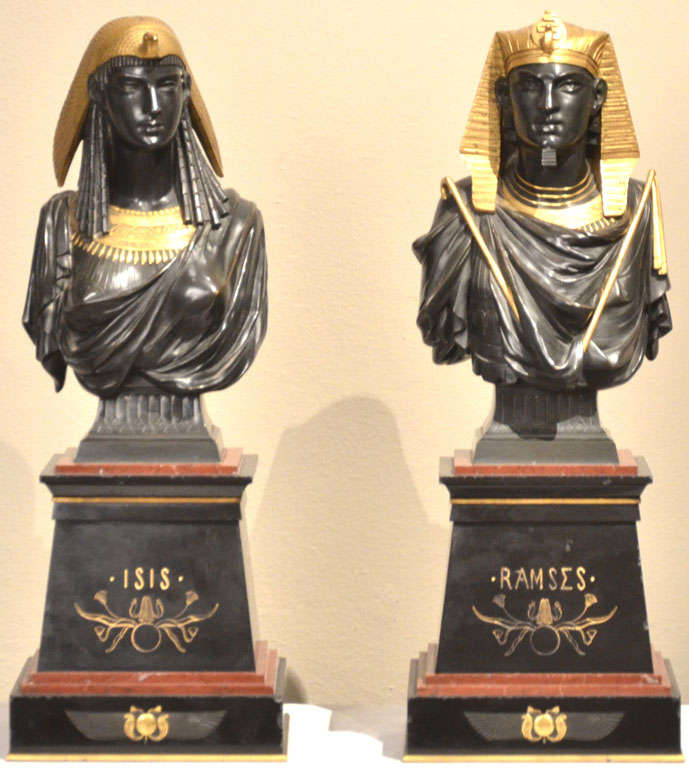 A pair of bronze figures of RAMSES and ISIS, dark bronze patina with gilded parts.
Nero del Belgio and Rosso Antico marble quality basement with gilded inscriptions.
BOTH SIGNED EMILE HEBERT 
Perfect conditions of conservation.

Son of the