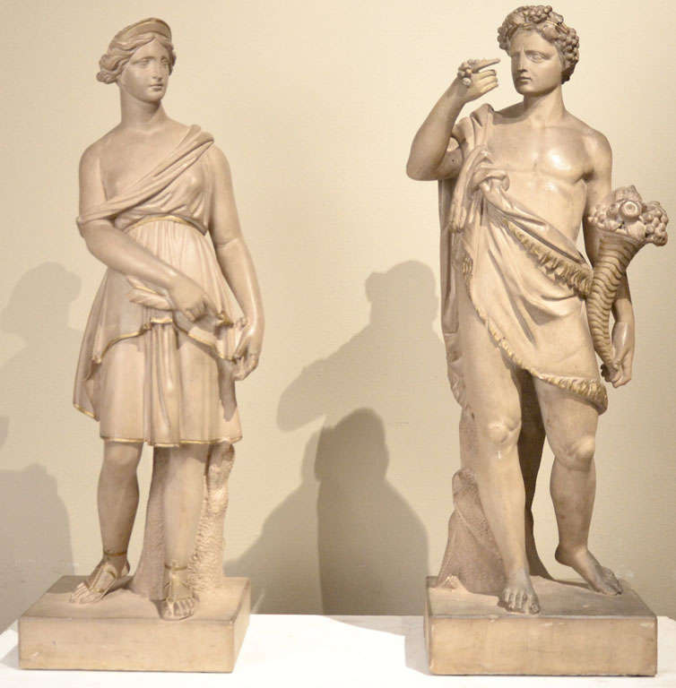 A rare pair of Pietra Serena stone figures of Bacco and Diana with inside patina.
The Pietra Serena stone is a noble stone that was used in Florence. The sculptures are perfectly smooth and have the effect of antique marble patina.
They could be