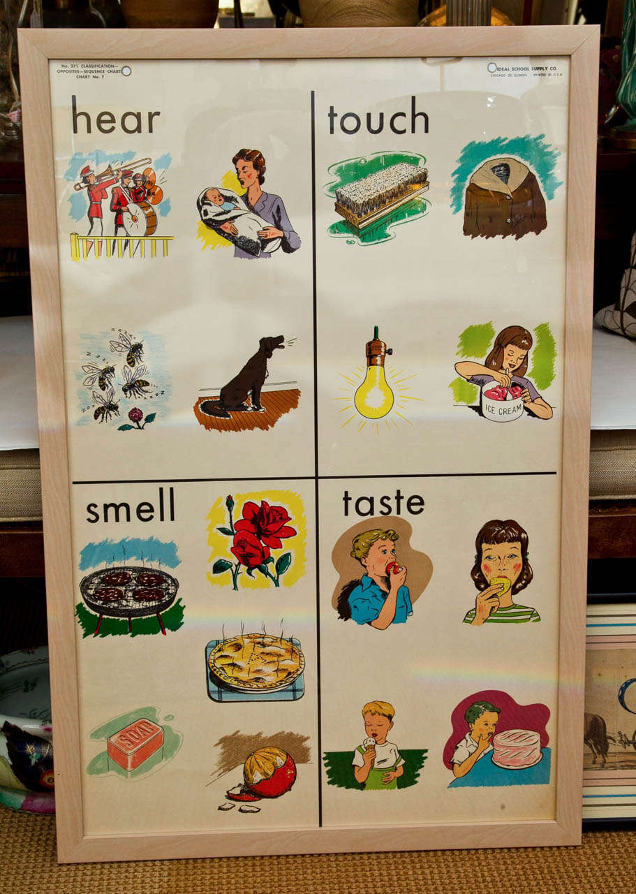 La parfaite touche de fantaisie du milieu du siècle.
Produit par Ideal School Supply Company, ce tableau d'enseignement pour la salle de classe présente des couleurs vives et des graphiques audacieux. Encadré sur mesure dans un cadre en bois