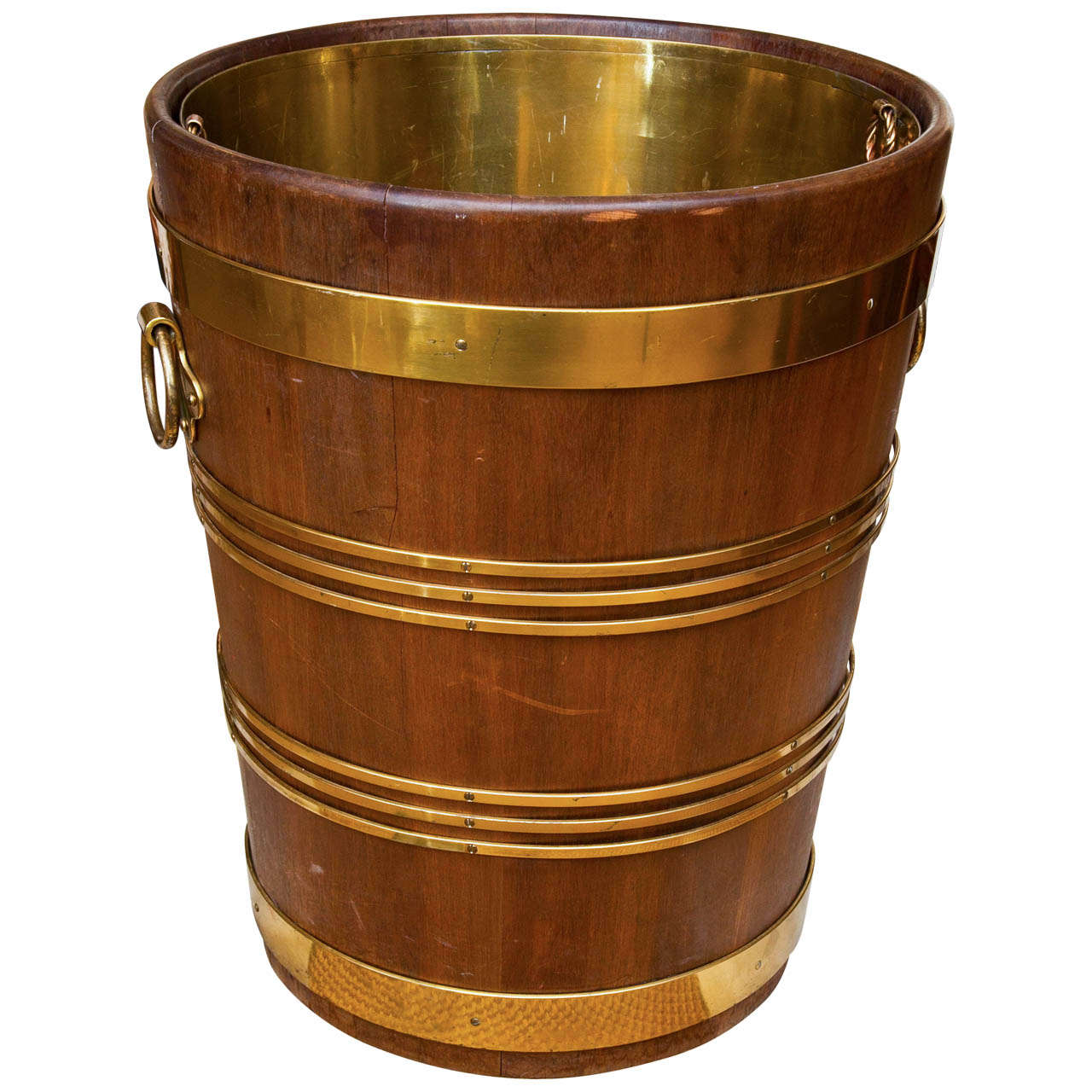 Immense George III Style Brass Bound Wood Bucket with Brass Liner