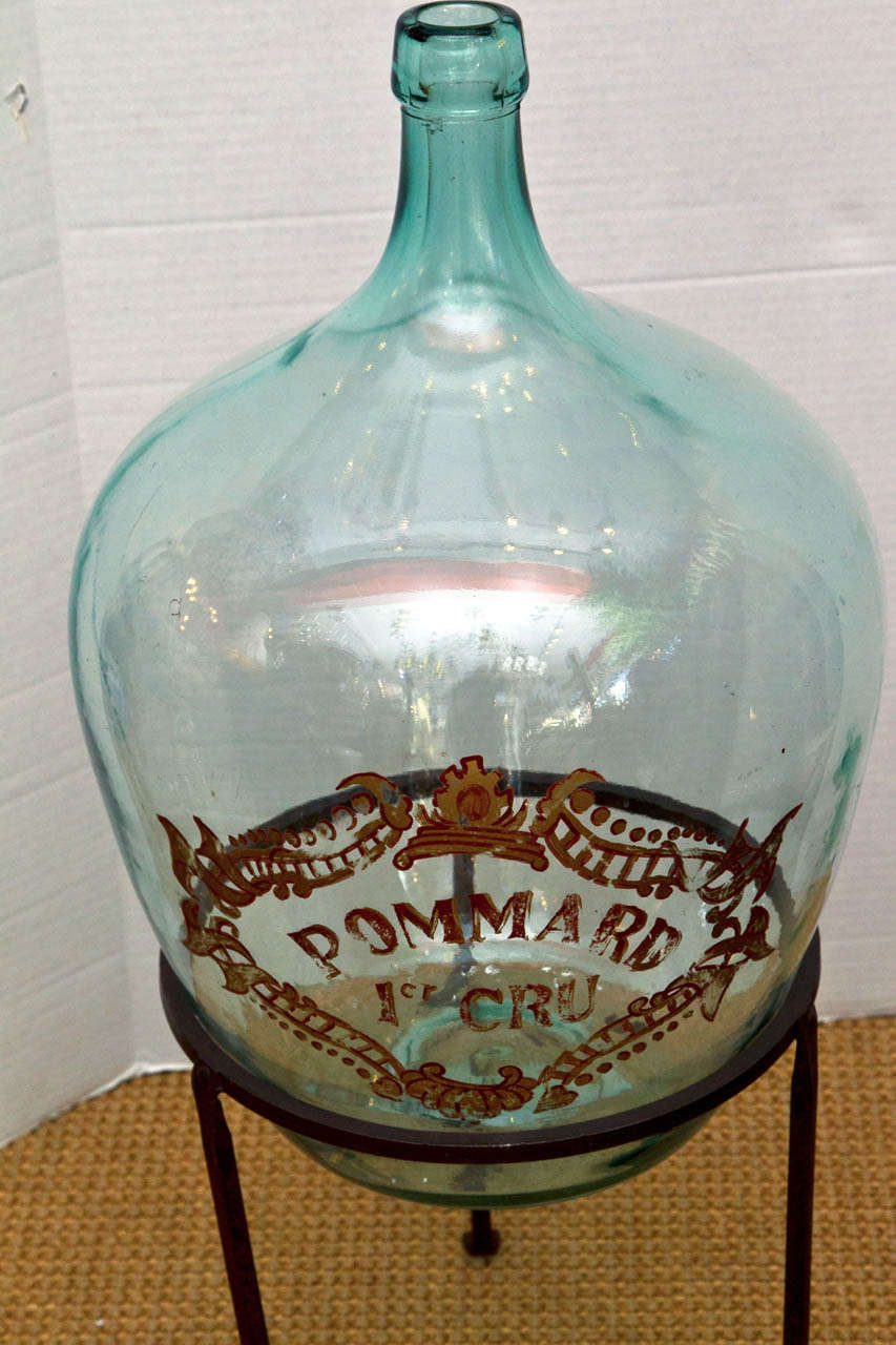 Large Hand Painted Green Glass French Demijohn In Excellent Condition In Mt Kisco, NY