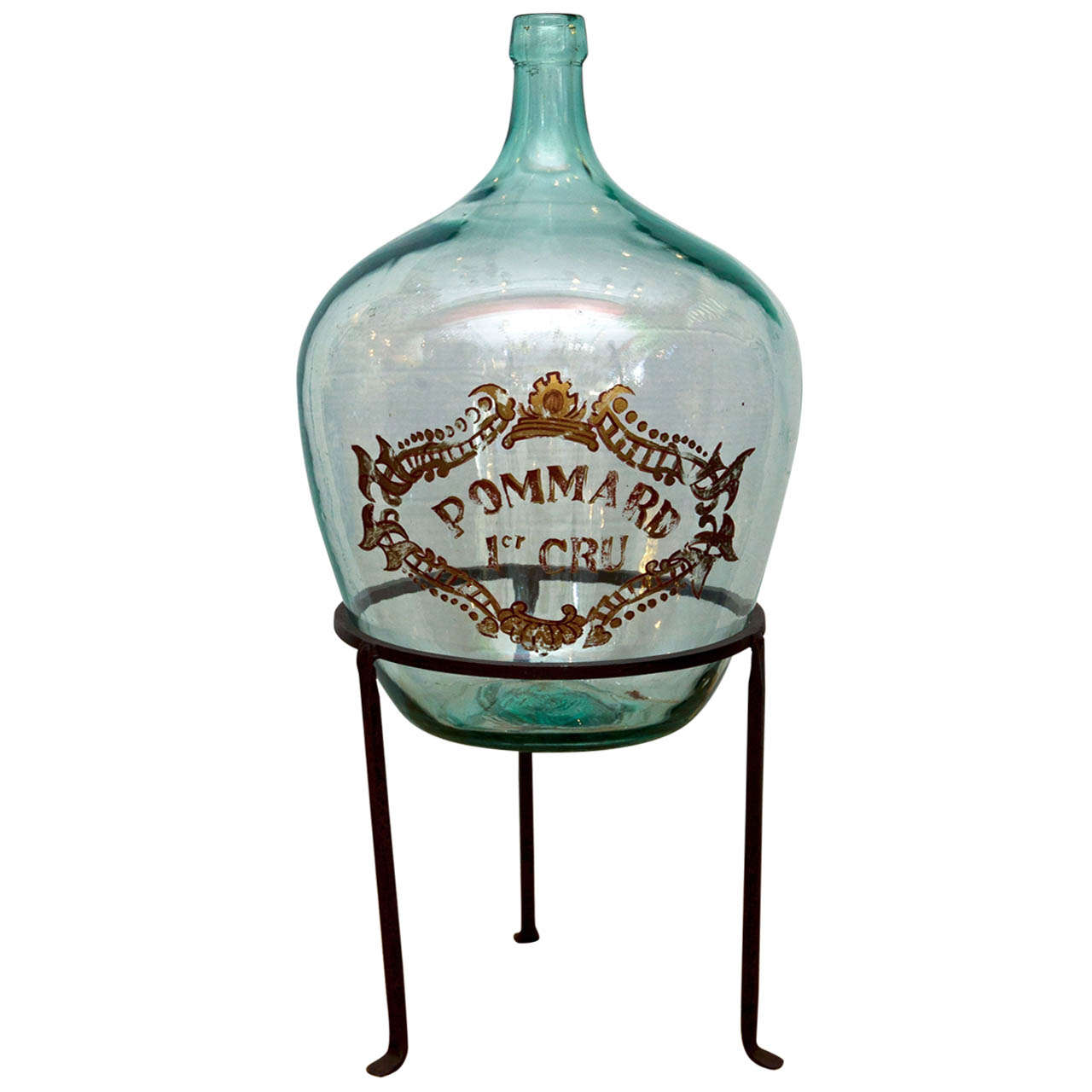 Large Hand Painted Green Glass French Demijohn