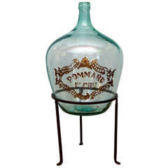 Grande Demijohn française en verre vert peinte à la main