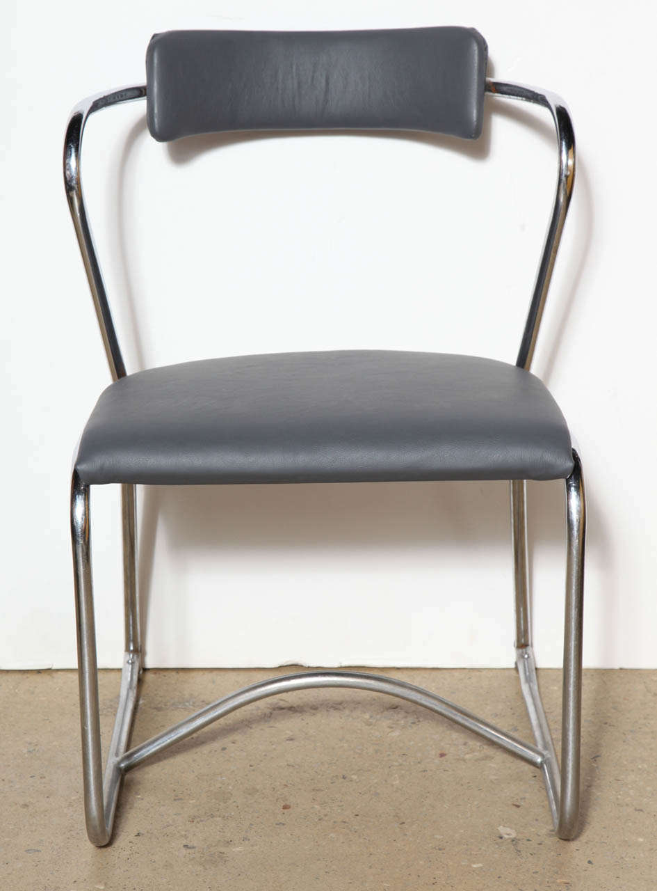 Four early Lloyd Loom Steel and Leather Chairs by The Lloyd Manufacturing Company, Menominee Michigan. Featuring rounded, open framework, Art Deco style lines utilizing .75