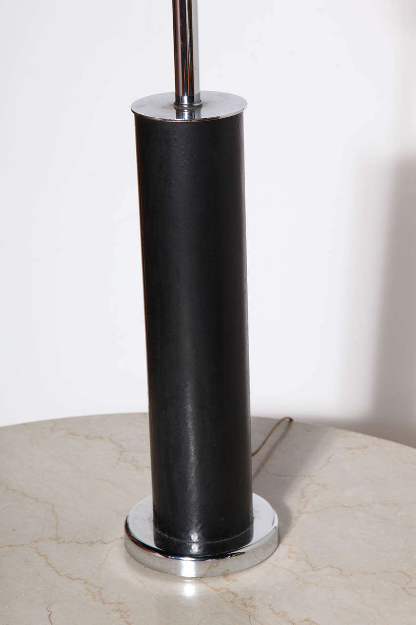 American Tall Nessen Studios Black Leather Wrapped, Chrome & Glass Liner Shade Table Lamp For Sale