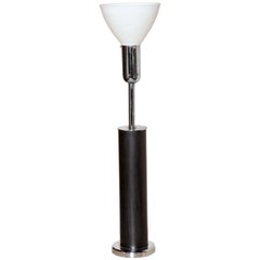 Tall Nessen Studios Black Leather, Chrome & Glass Shade Table Lamp, 1950's