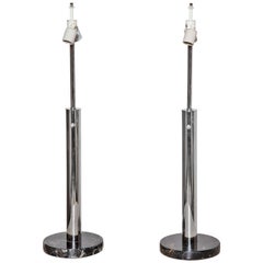 Tall Pair Nessen Studios Chrome & Dark Portoro Marble "Skyscraper" Table Lamps