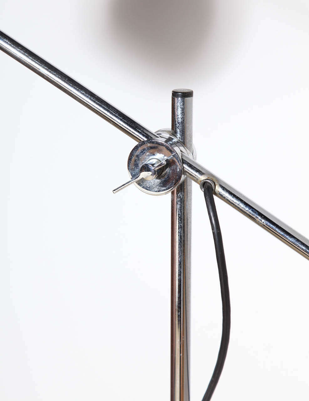 Italian Arteluce Chrome Tripod Floor Lamp with Globe Shade, Black Enamel and Leather 