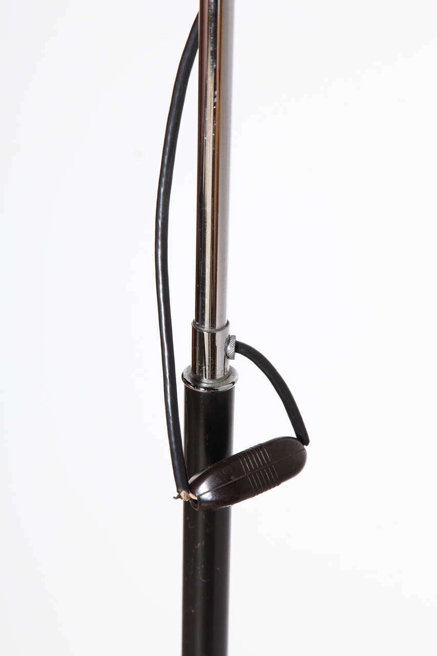 Mid-Century Modern Arteluce Chrome Tripod Floor Lamp with Globe Shade, Black Enamel and Leather 