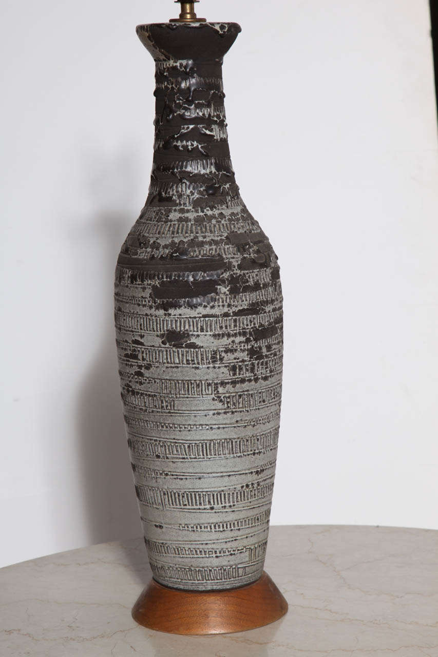 Mid-Century Modern Lee Rosen for Design Technics Gray, Lava and Black Textured Ceramic Lamp, 1950s