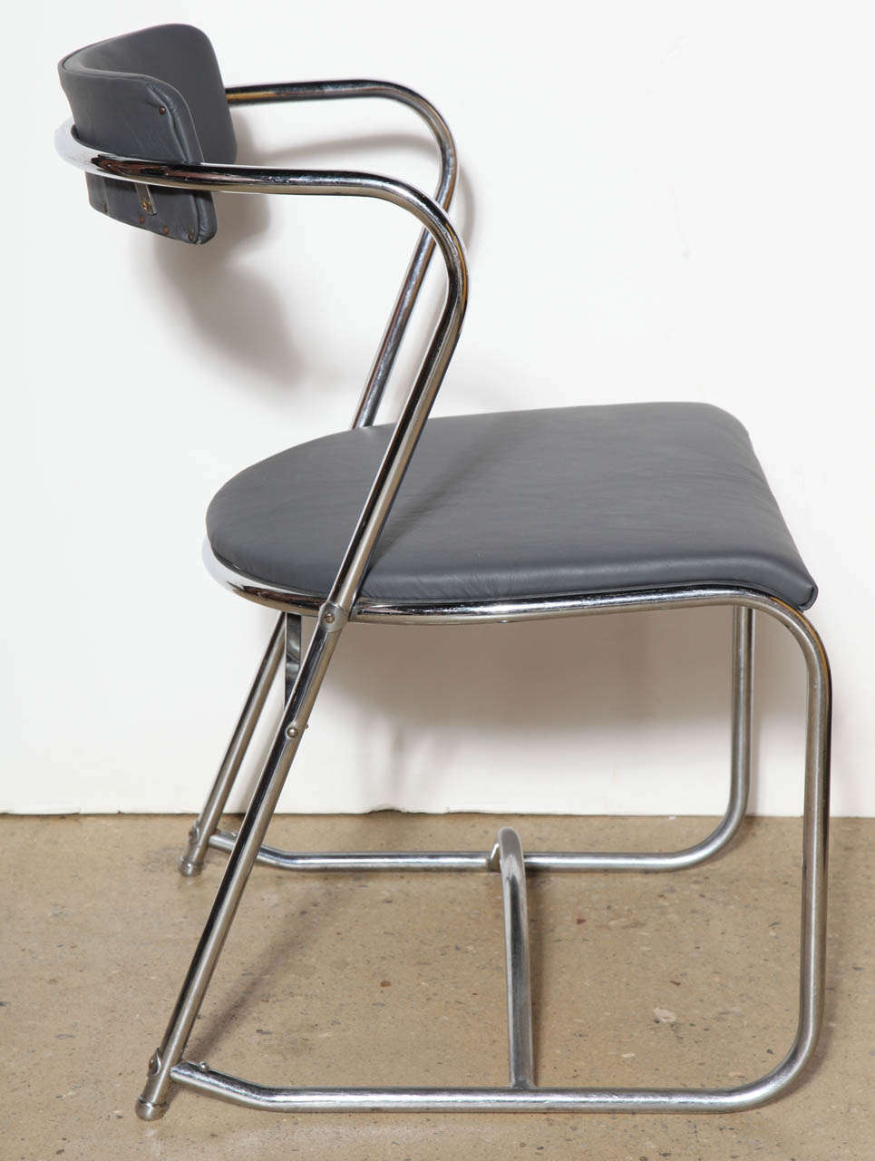 rare, early 1920s set of four Lloyd Loom Steel and Gray Leather Chairs