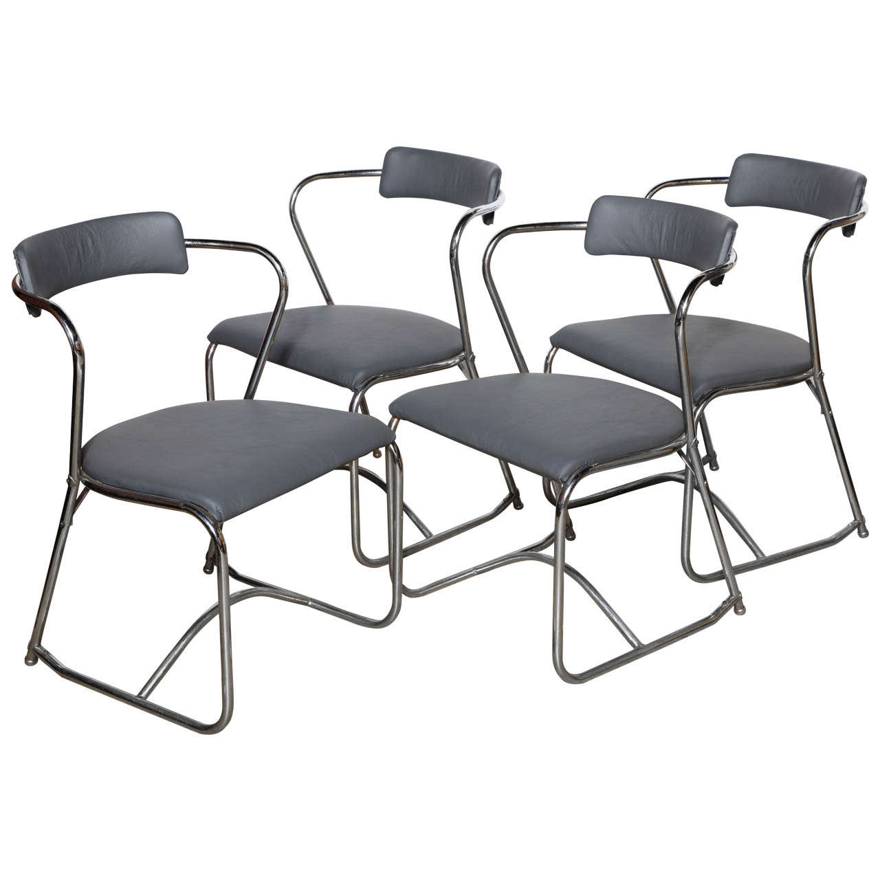 rare, early 1920s set of four Lloyd Loom Steel and Gray Leather Chairs