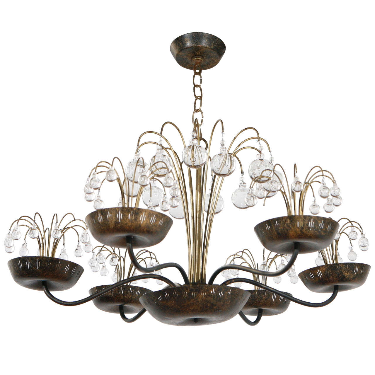 Glass and Brass Chandelier in the Style of Paavo Tynell