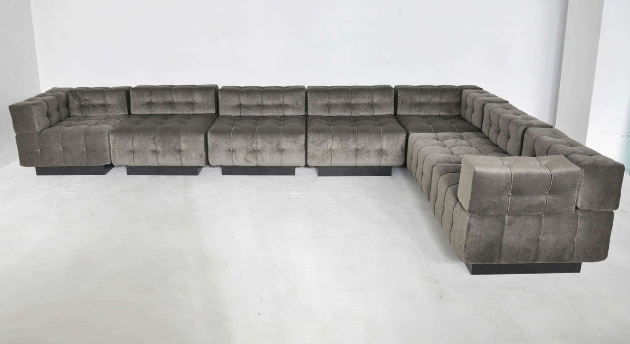 Modular sofa by Harvey Probber.  7 sections can be arranged to fit room size/shape.  Newly upholstered.  Each section measures 32 X 32.