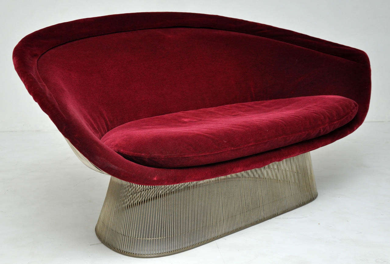 Settee sofa by Warren Platner for Knoll. Nickel frame with original deep red mohair upholstery.