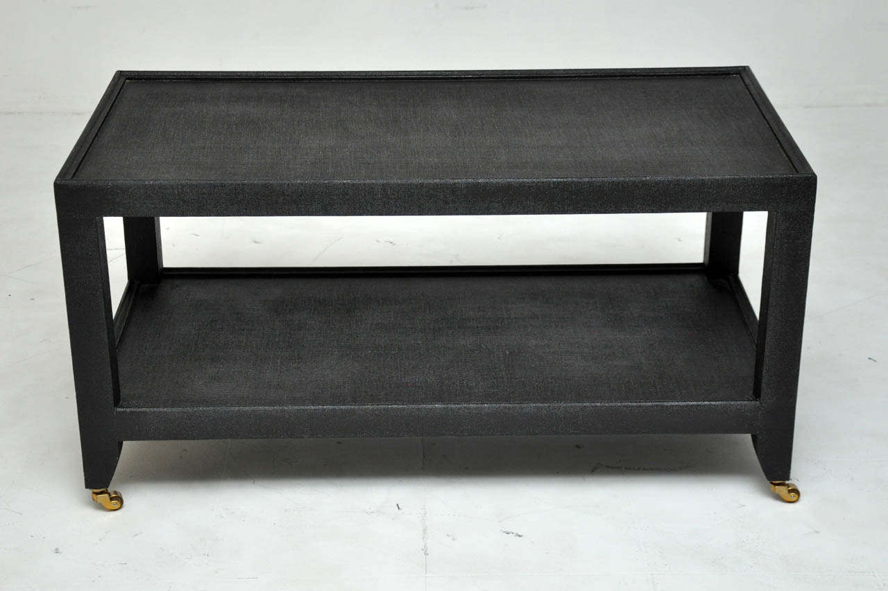 Lacquered linen coffee table by Karl Springer.  Beautiful original condition.  Karl Springer label.