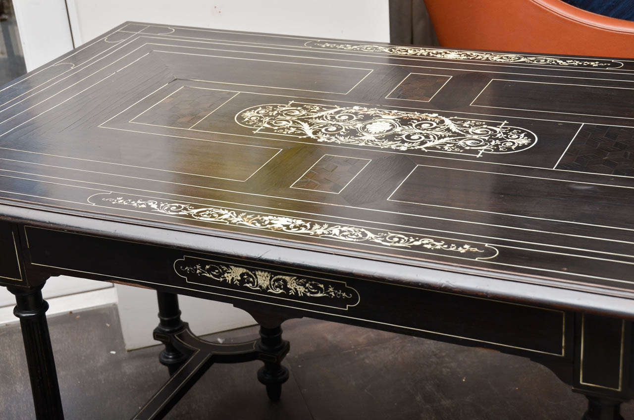 19th Century Italian Ebonized Three Drawer Desk with Ivory Inlay
