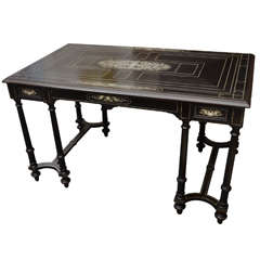 Antique Italian Ebonized Three Drawer Desk with Ivory Inlay