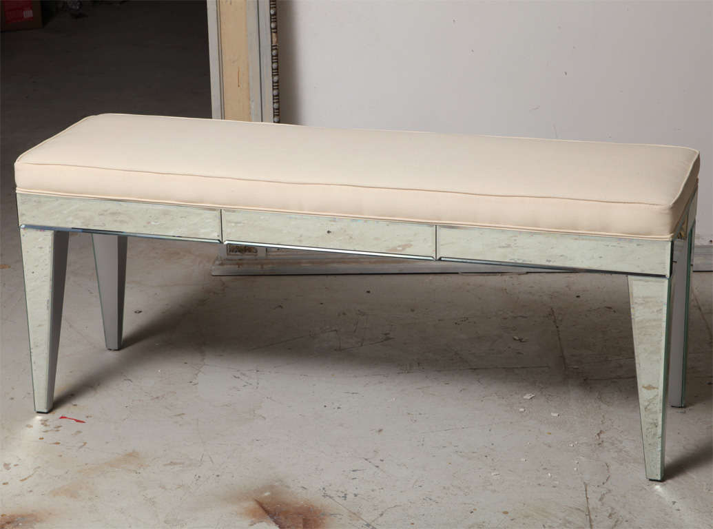 Modern beveled mirrored bench with cream colored muslin upholstered seat. Can custom size, c.o.m., or antique finish. Beautiful clean lines!