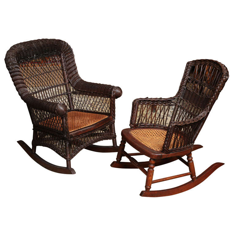 Two Children
s Rocking Chairs Wicker and Cane
