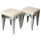 Pair of Beveled Mirrored Upholstered Stools