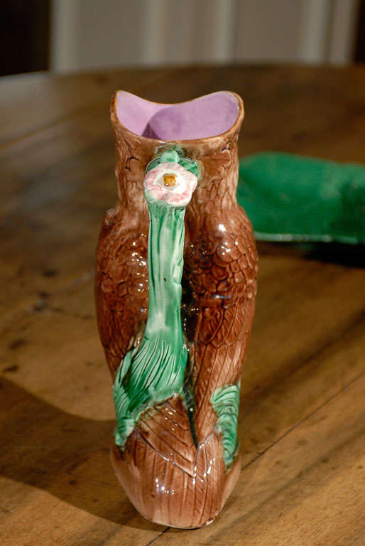 Rare English Majolica Owl Pitcher Jug c.1880 1