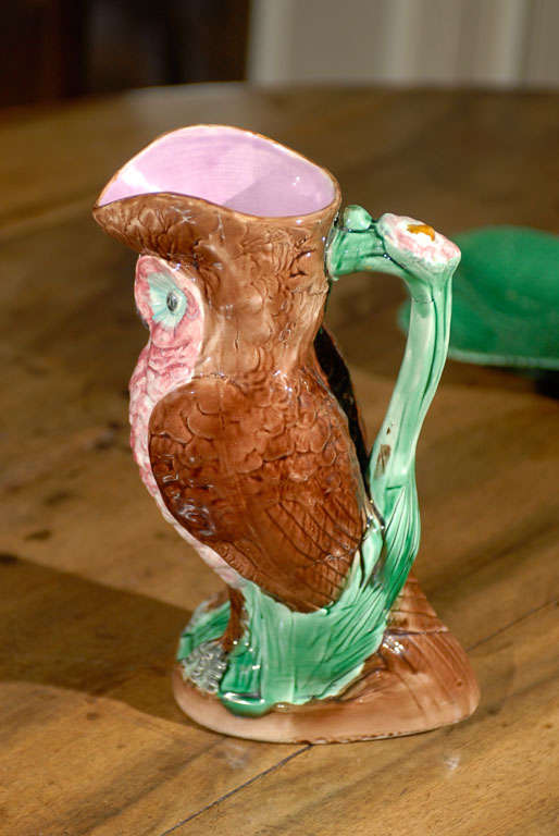 Rare English Majolica Owl Pitcher Jug c.1880 3