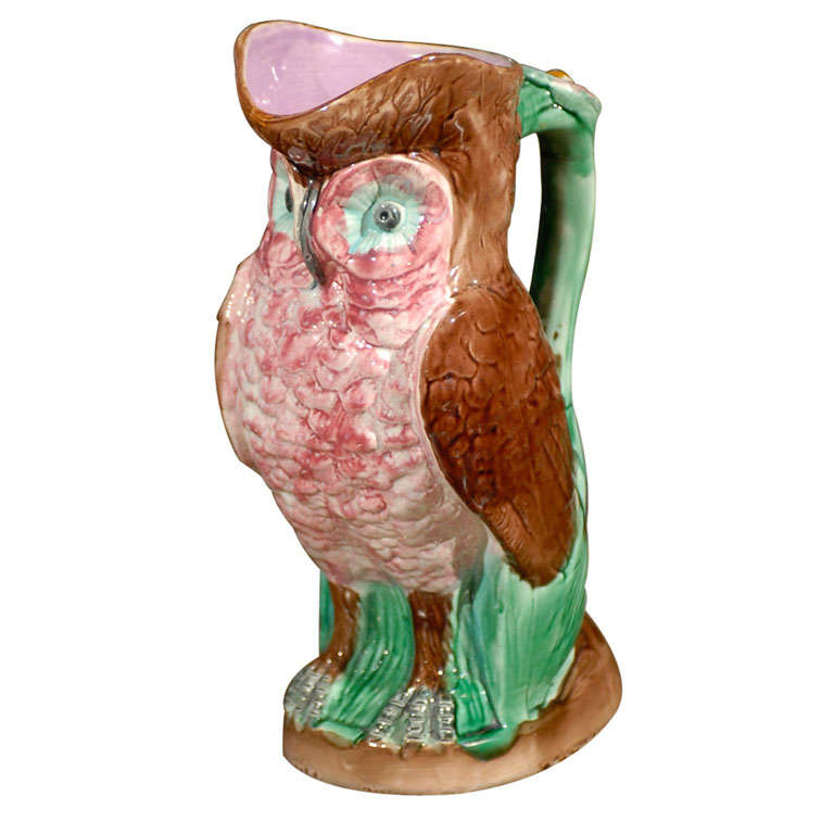 Rare English Majolica Owl Pitcher Jug c.1880