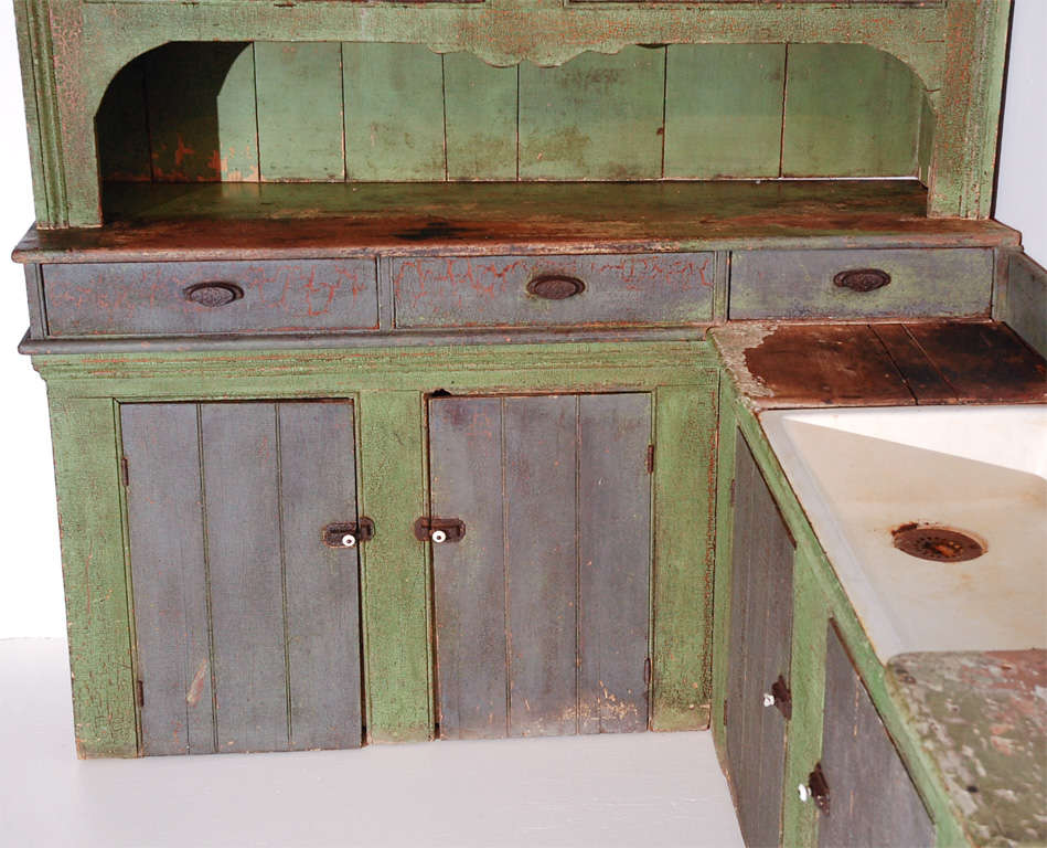 19th Century 19thc Unusual Original Painted Three Piece Hutch/sink Cabinet