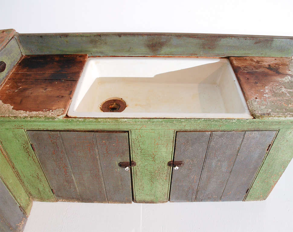 19thc Unusual Original Painted Three Piece Hutch/sink Cabinet 4