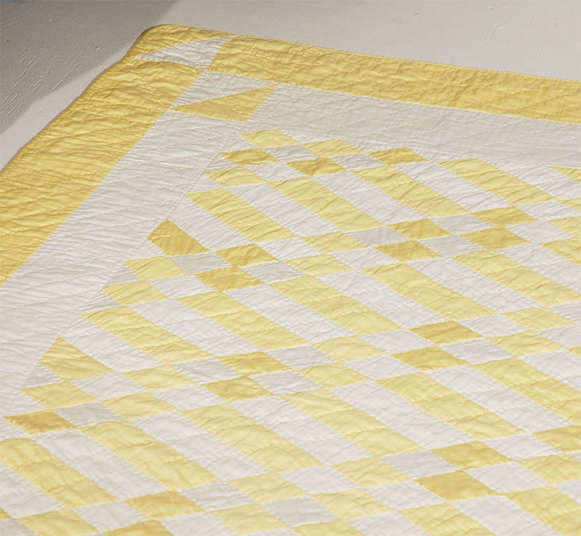 1930's Yellow & White Polished Cotton Geometric Quilt 1