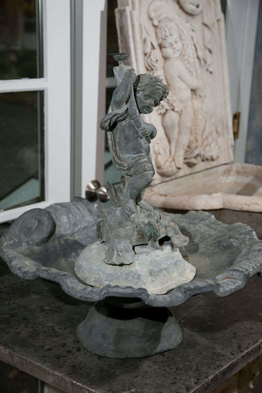 19th Century Rare Zinc and Spelter Putto Fountainhead with Signed Lead Basin