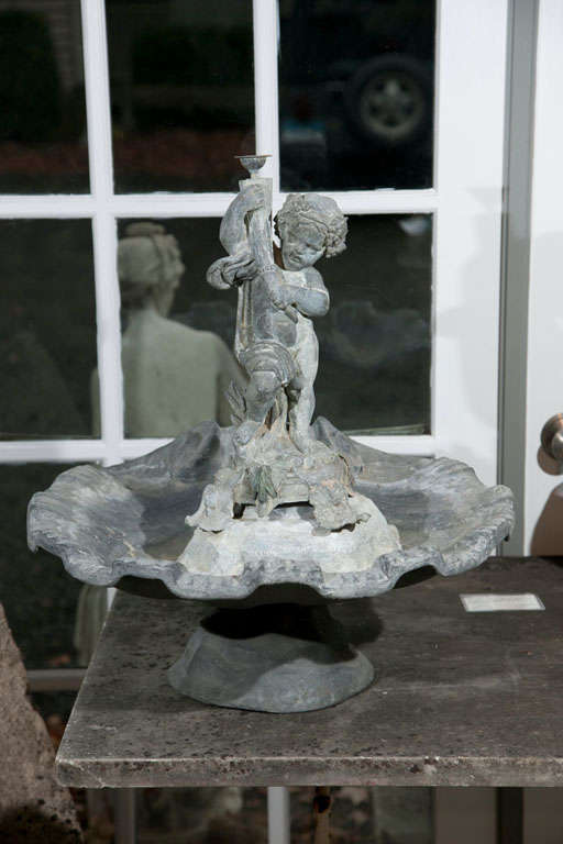 Rare Zinc and Spelter Putto Fountainhead with Signed Lead Basin 3